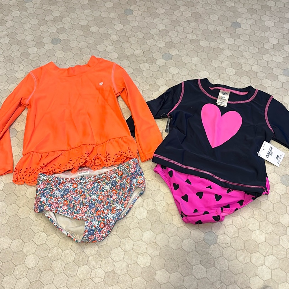 Lot of 2 18 month swimsuits. Bottoms with rash guards. 1 nwt